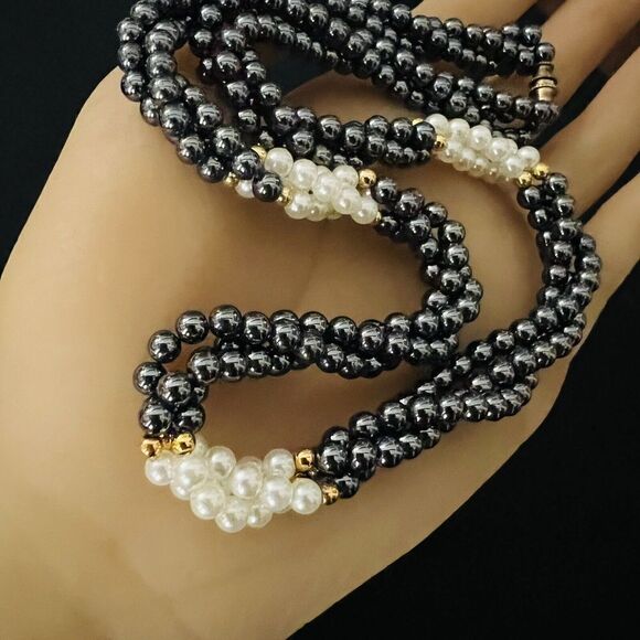 Vintage Twisted Hematite Faux Pearl Gold Beads Beaded Necklace 18” PRETTY 1080 - Picture 8 of 10